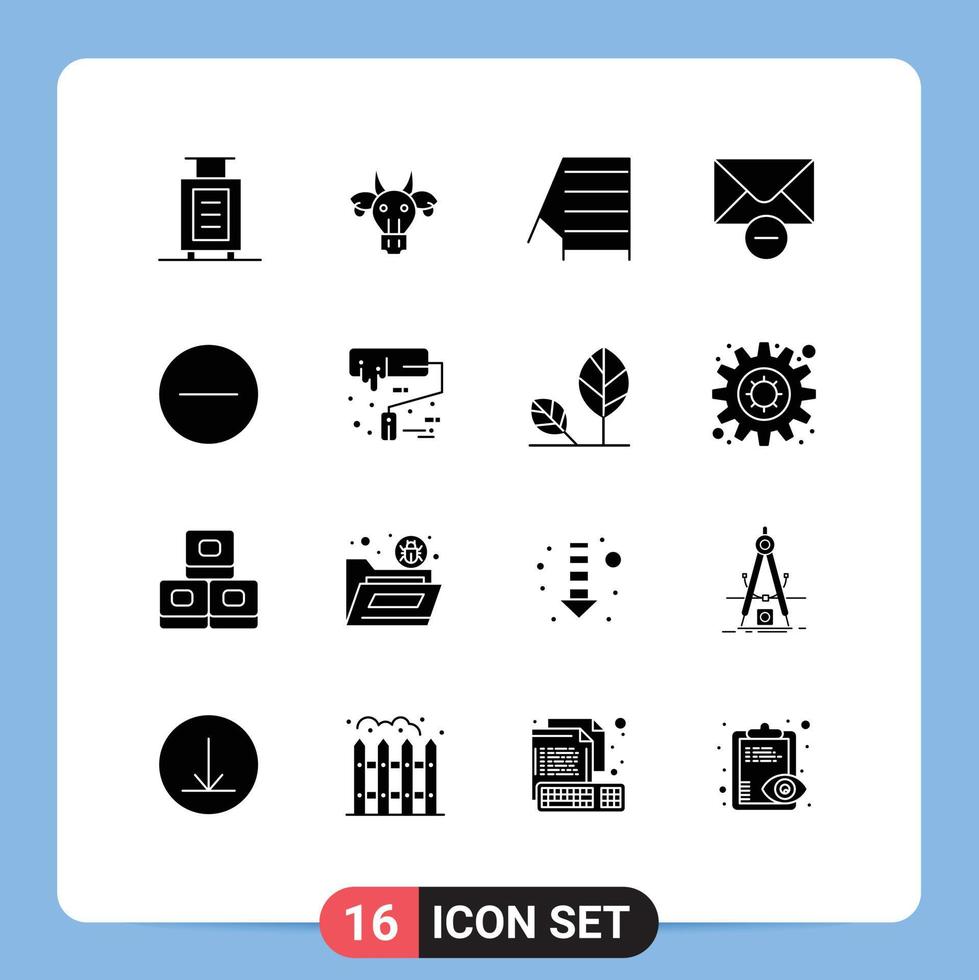 Group of 16 Modern Solid Glyphs Set for paint brush delete construction circle mail Editable Vector Design Elements
