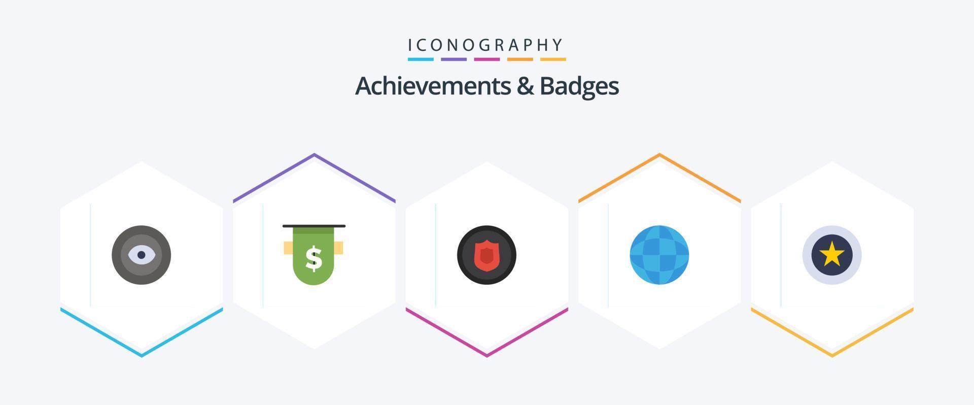 Achievements and Badges 25 Flat icon pack including achievement. earth. finance. badge. shield vector