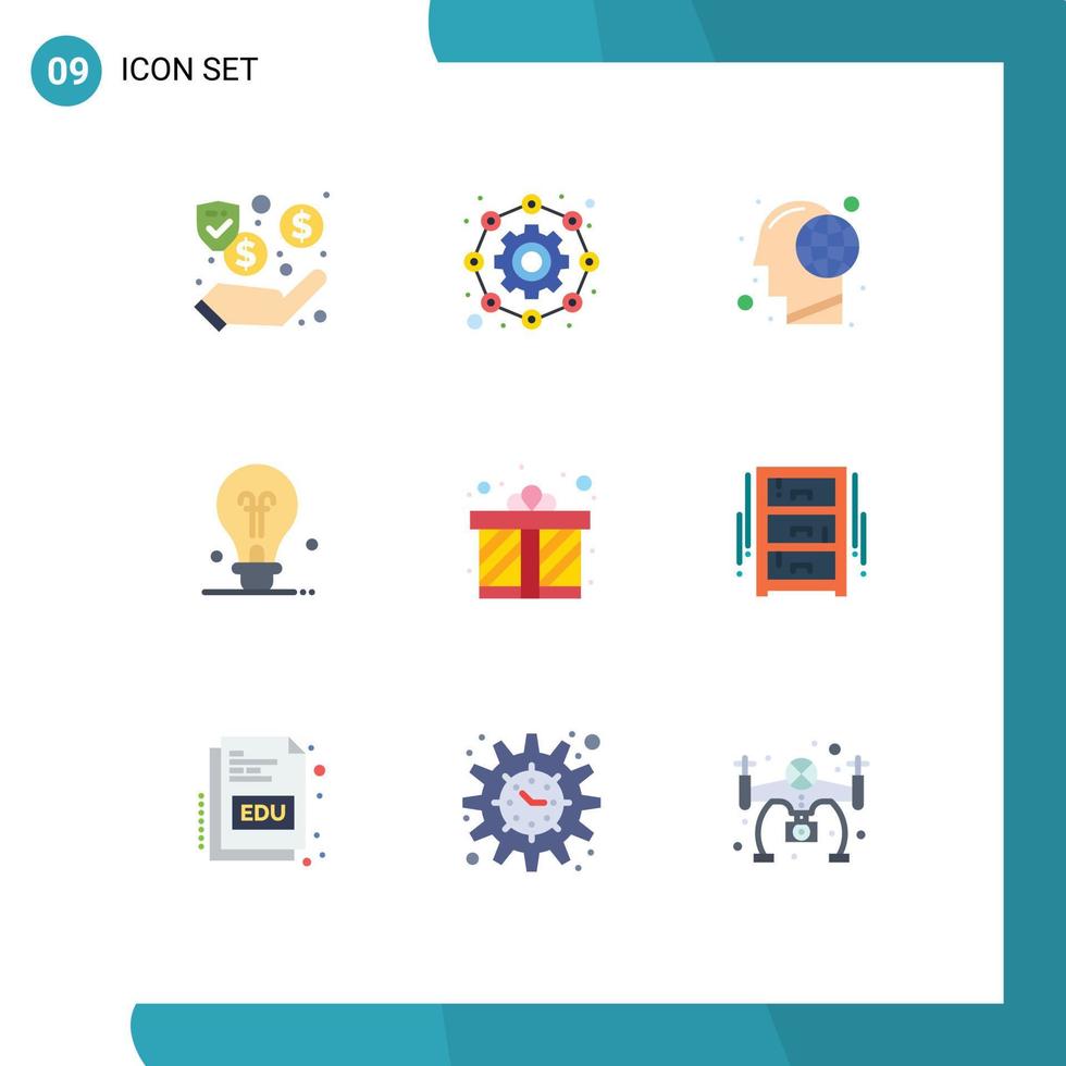 Universal Icon Symbols Group of 9 Modern Flat Colors of gift box idea earth education mind Editable Vector Design Elements
