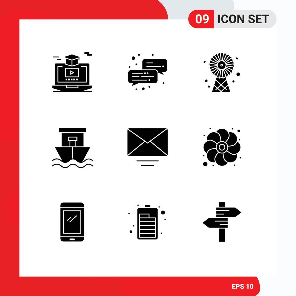 Mobile Interface Solid Glyph Set of 9 Pictograms of mail summer buildings boat ship Editable Vector Design Elements