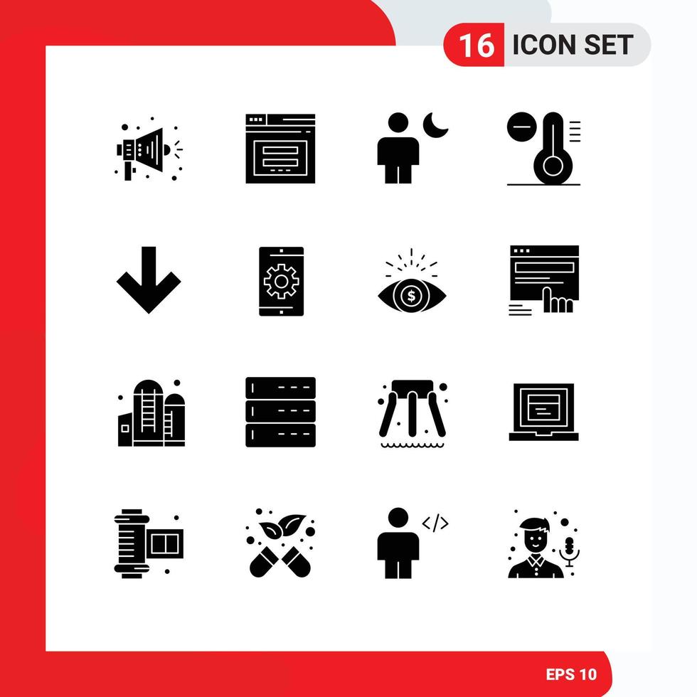 Universal Icon Symbols Group of 16 Modern Solid Glyphs of down temperature avatar decrease night Editable Vector Design Elements