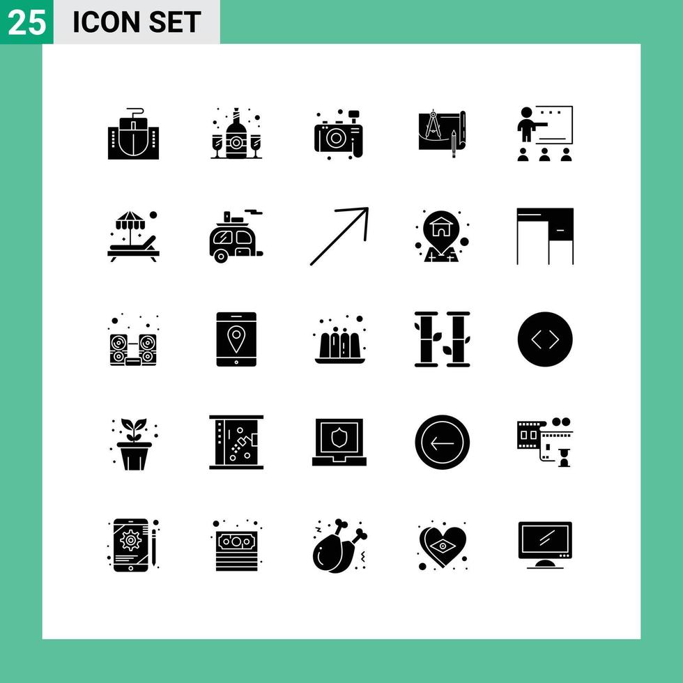25 Universal Solid Glyph Signs Symbols of class paper camera construction architecture Editable Vector Design Elements