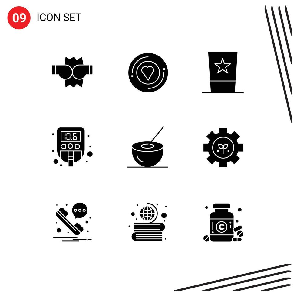 Group of 9 Modern Solid Glyphs Set for coconut test fashion sugar level Editable Vector Design Elements