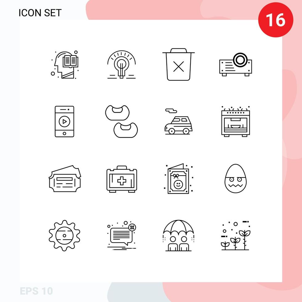 16 Universal Outlines Set for Web and Mobile Applications audio presentation tips device remove Editable Vector Design Elements