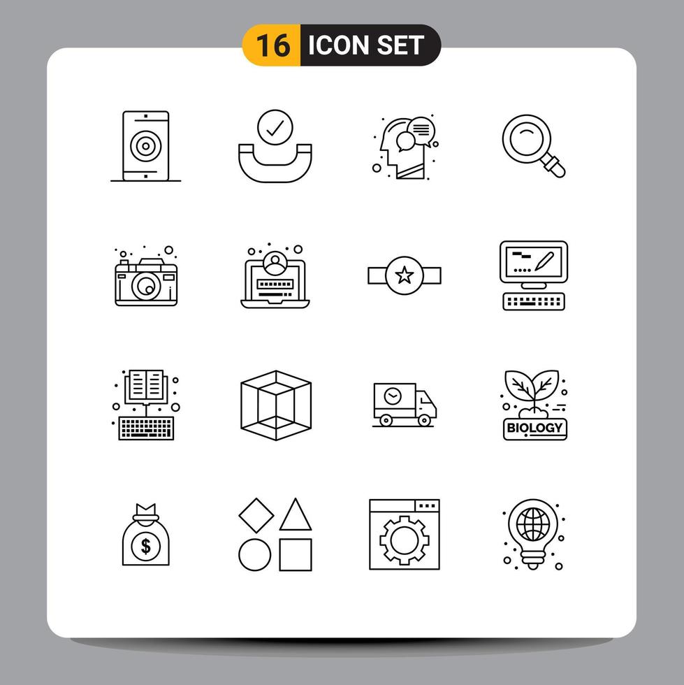 Group of 16 Outlines Signs and Symbols for camera view communication search talk Editable Vector Design Elements