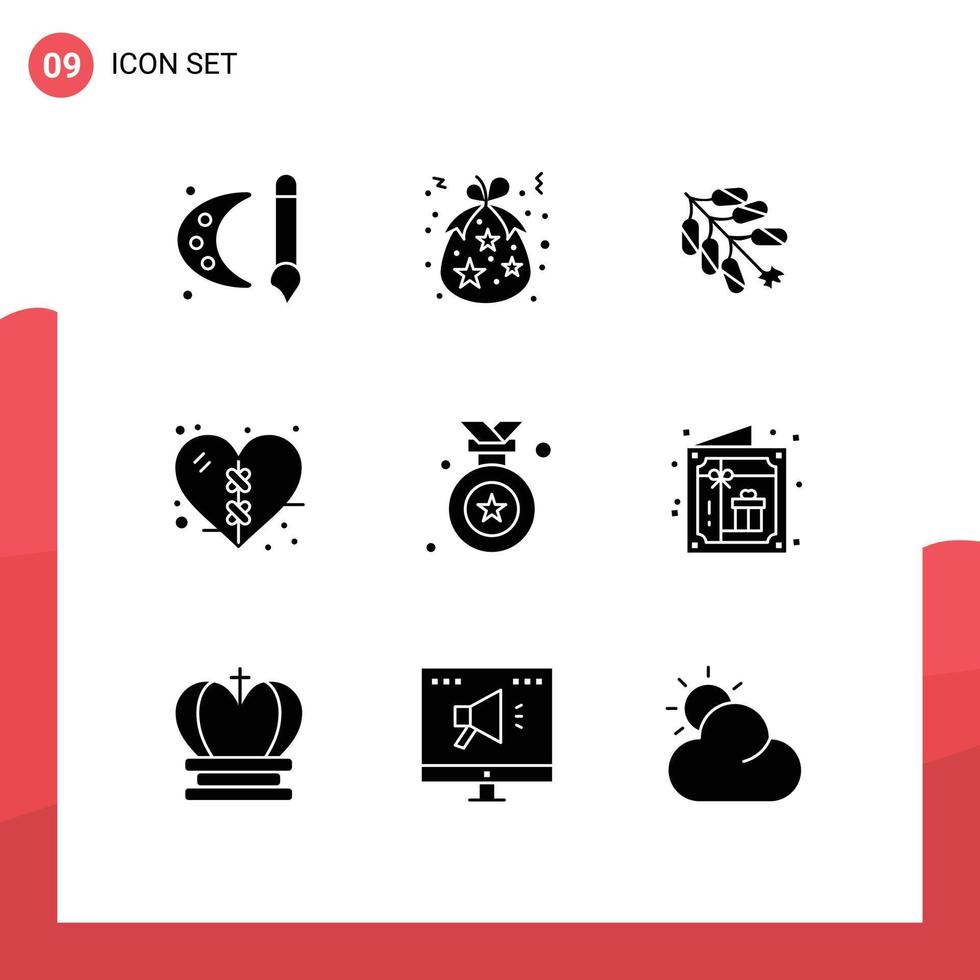 9 Thematic Vector Solid Glyphs and Editable Symbols of heart heal gift bandage chinese Editable Vector Design Elements