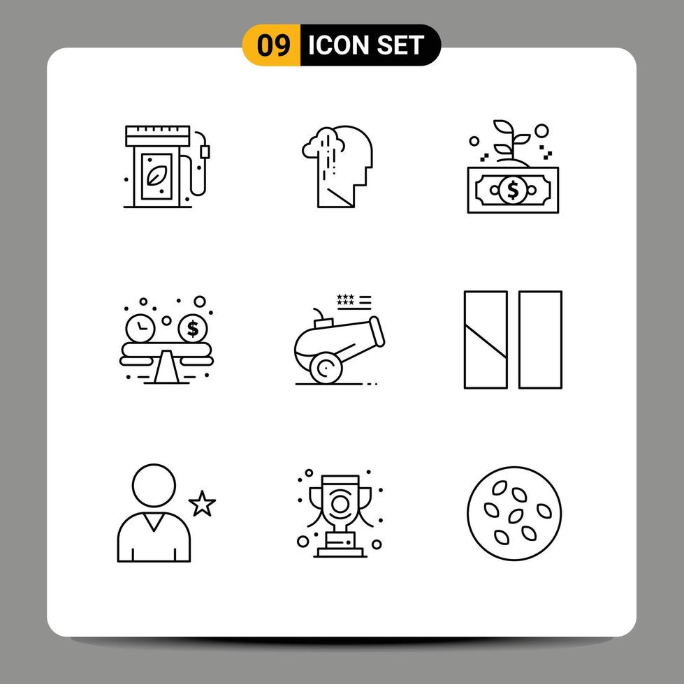 Pack of 9 Modern Outlines Signs and Symbols for Web Print Media such as big gun budget planning sad balance leaf Editable Vector Design Elements
