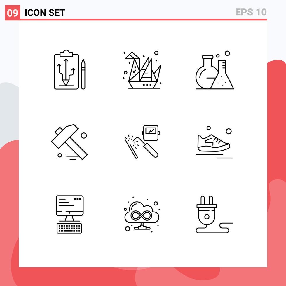 Universal Icon Symbols Group of 9 Modern Outlines of machine tool paper hammer science Editable Vector Design Elements