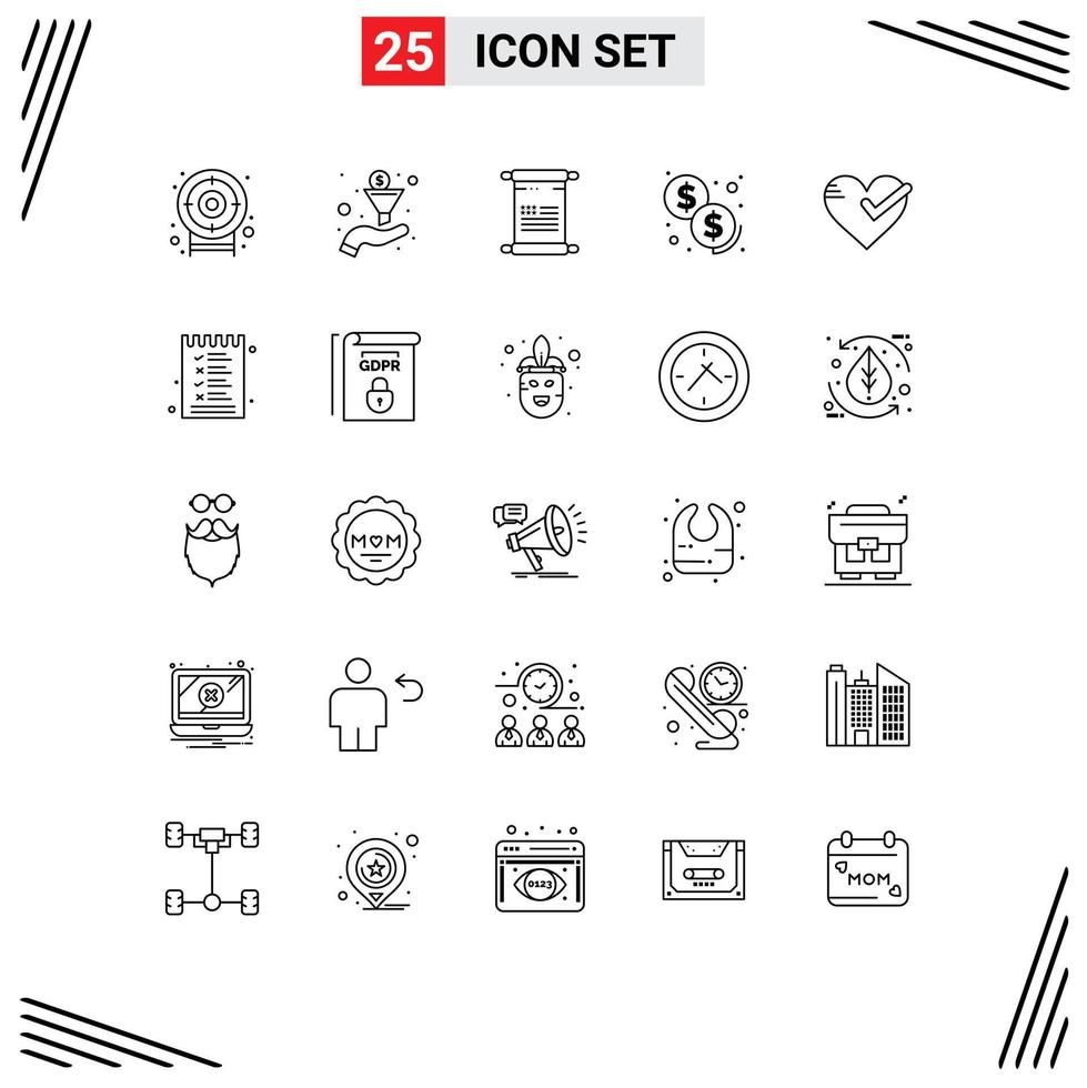 Pictogram Set of 25 Simple Lines of tick ok american love payment Editable Vector Design Elements