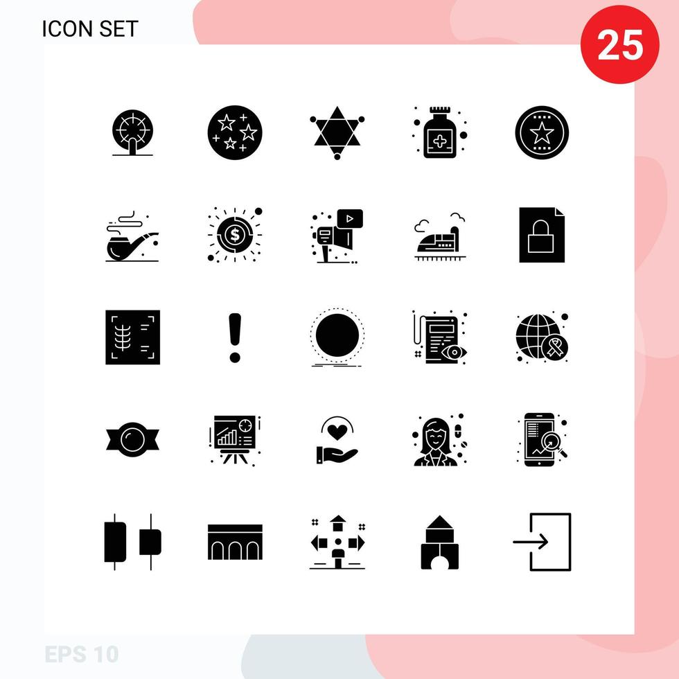 25 User Interface Solid Glyph Pack of modern Signs and Symbols of star favorite science bookmark medical Editable Vector Design Elements