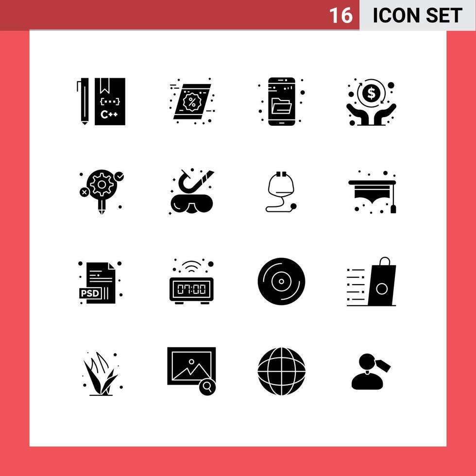 Pack of 16 Modern Solid Glyphs Signs and Symbols for Web Print Media such as idea freedom shopping economy search Editable Vector Design Elements