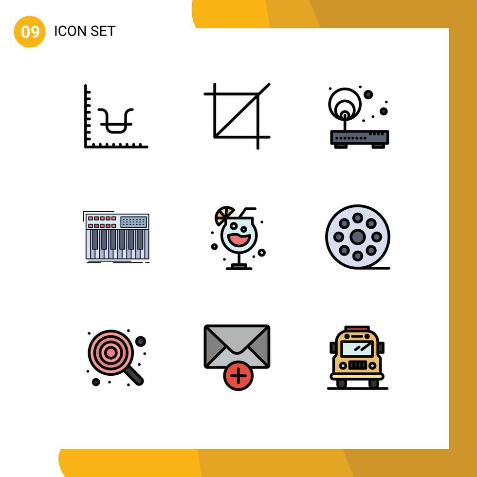 Modern Set of 9 Filledline Flat Colors Pictograph of synthesizer midi access keyboard router Editable Vector Design Elements
