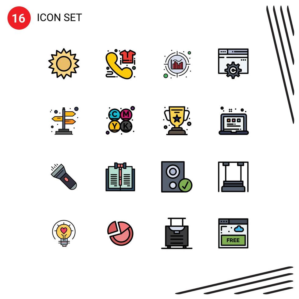 16 Thematic Vector Flat Color Filled Lines and Editable Symbols of direction setting phone gear web Editable Creative Vector Design Elements