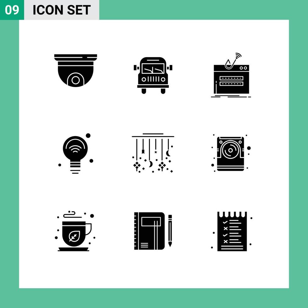 Mobile Interface Solid Glyph Set of 9 Pictograms of iot internet education bulb password Editable Vector Design Elements
