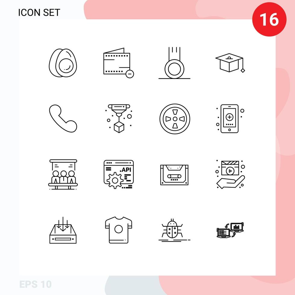 16 Universal Outlines Set for Web and Mobile Applications telephone call exercise graduation cap Editable Vector Design Elements