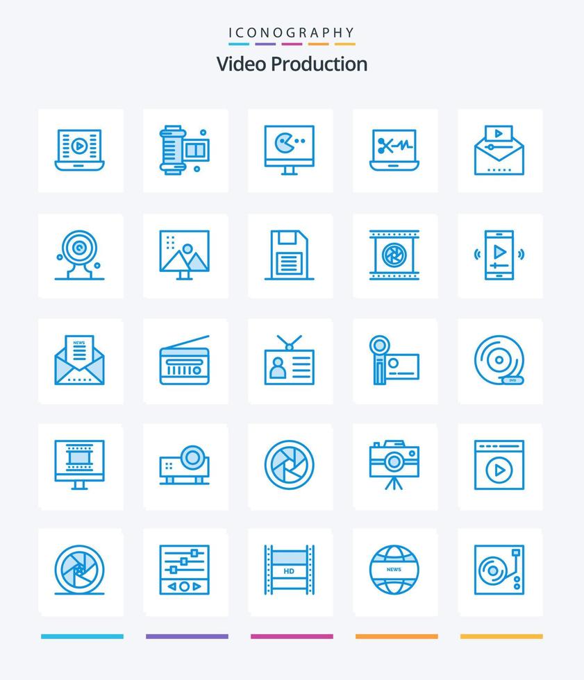 Creative Video Production 25 Blue icon pack  Such As famous video. digital audio editor. . audio editing software. vector