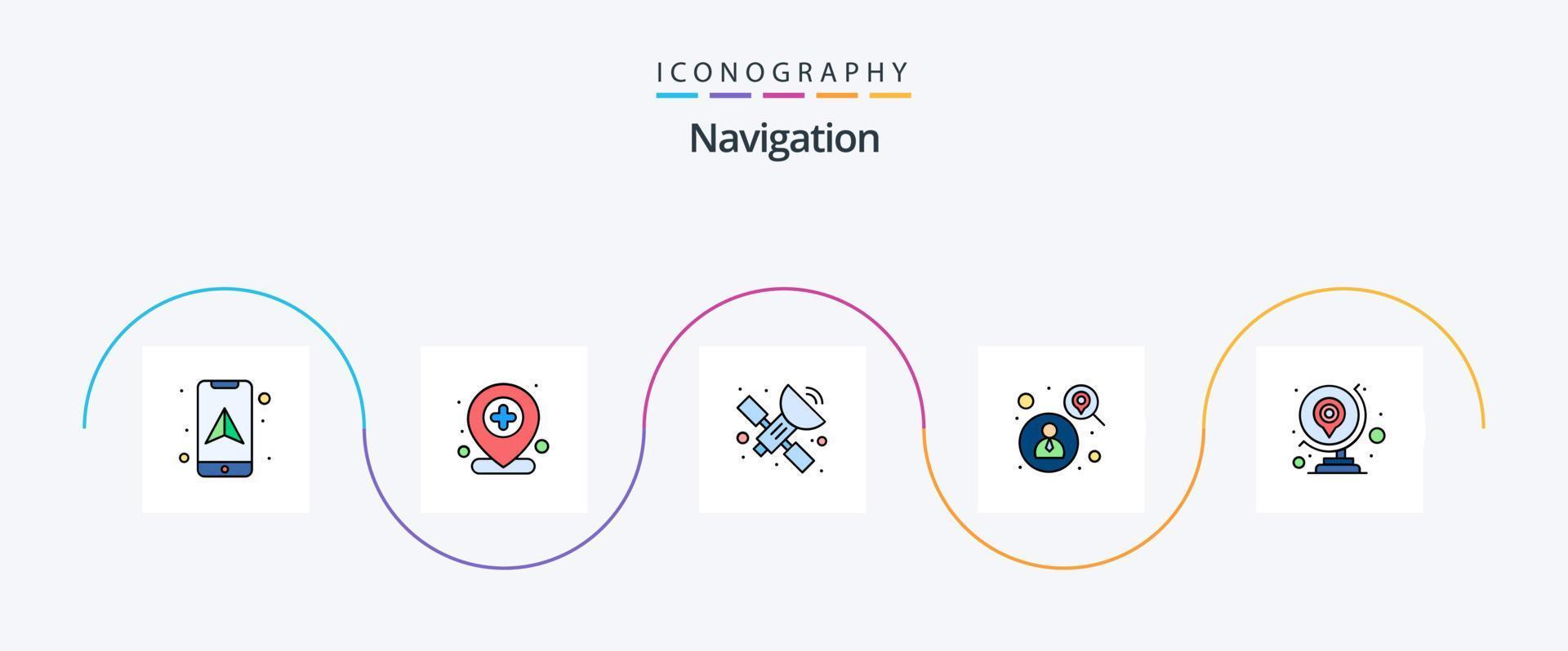 Navigation Line Filled Flat 5 Icon Pack Including gps. globe. gps. search. man vector