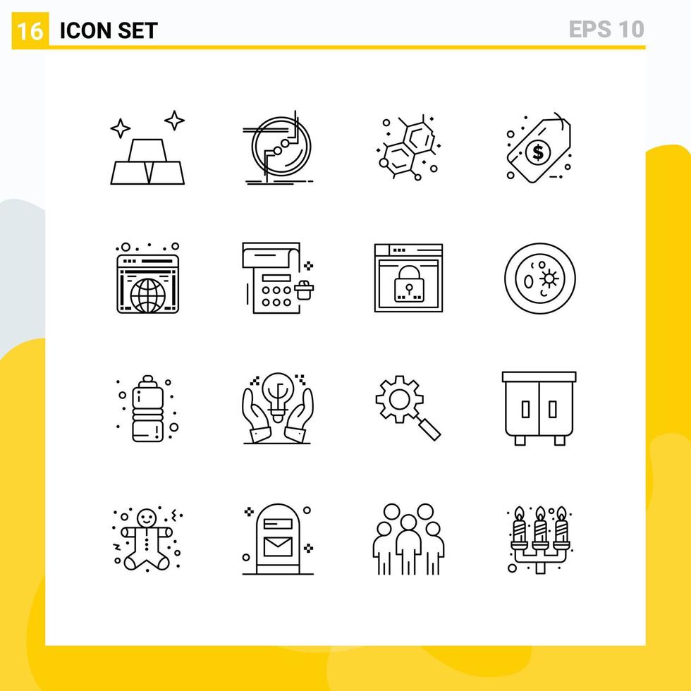 16 Universal Outlines Set for Web and Mobile Applications website globe chemistry global money Editable Vector Design Elements
