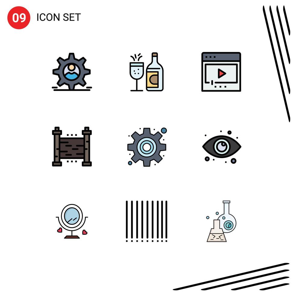 Group of 9 Modern Filledline Flat Colors Set for cog security film garden play Editable Vector Design Elements