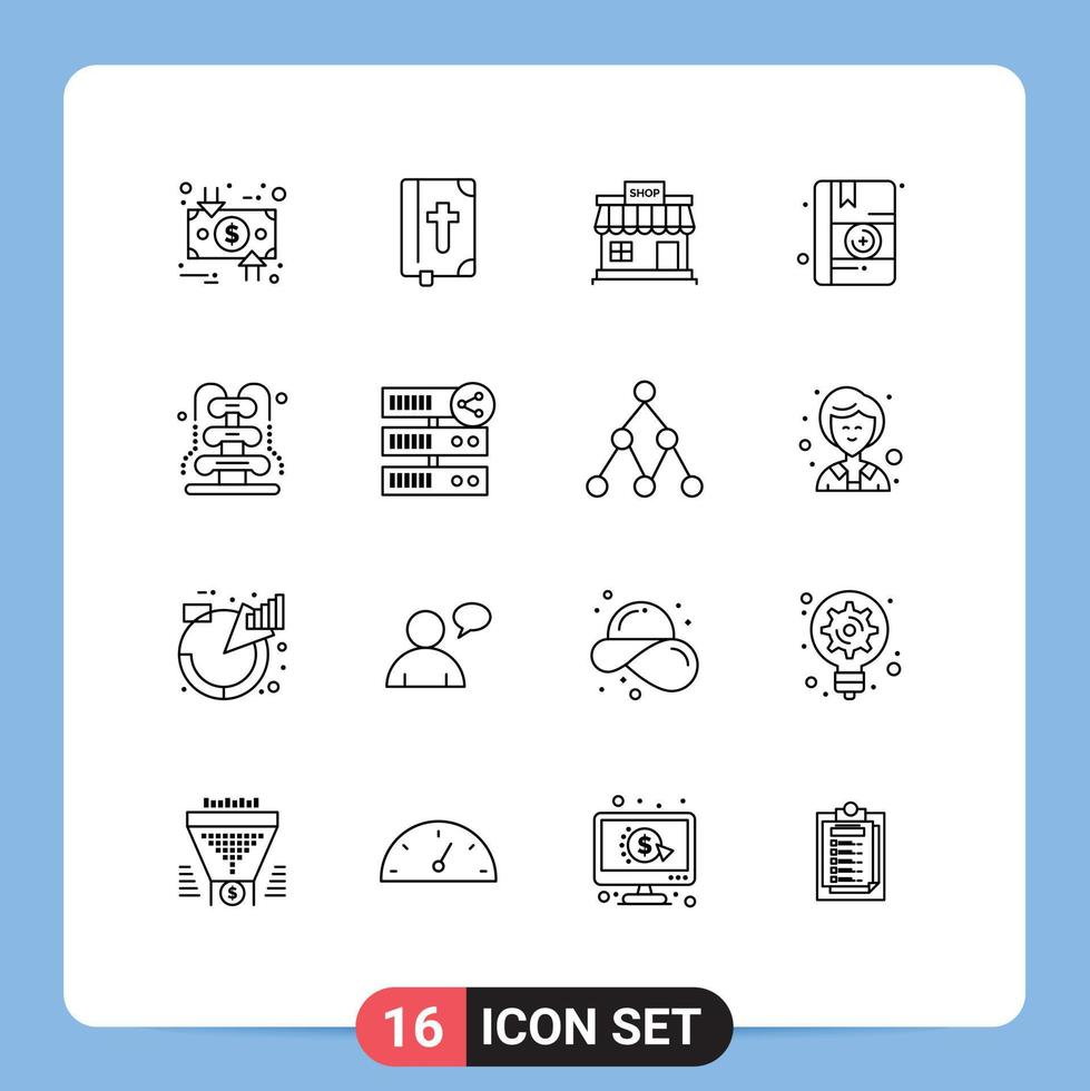 Outline Pack of 16 Universal Symbols of fountain medicine holiday medical store Editable Vector Design Elements