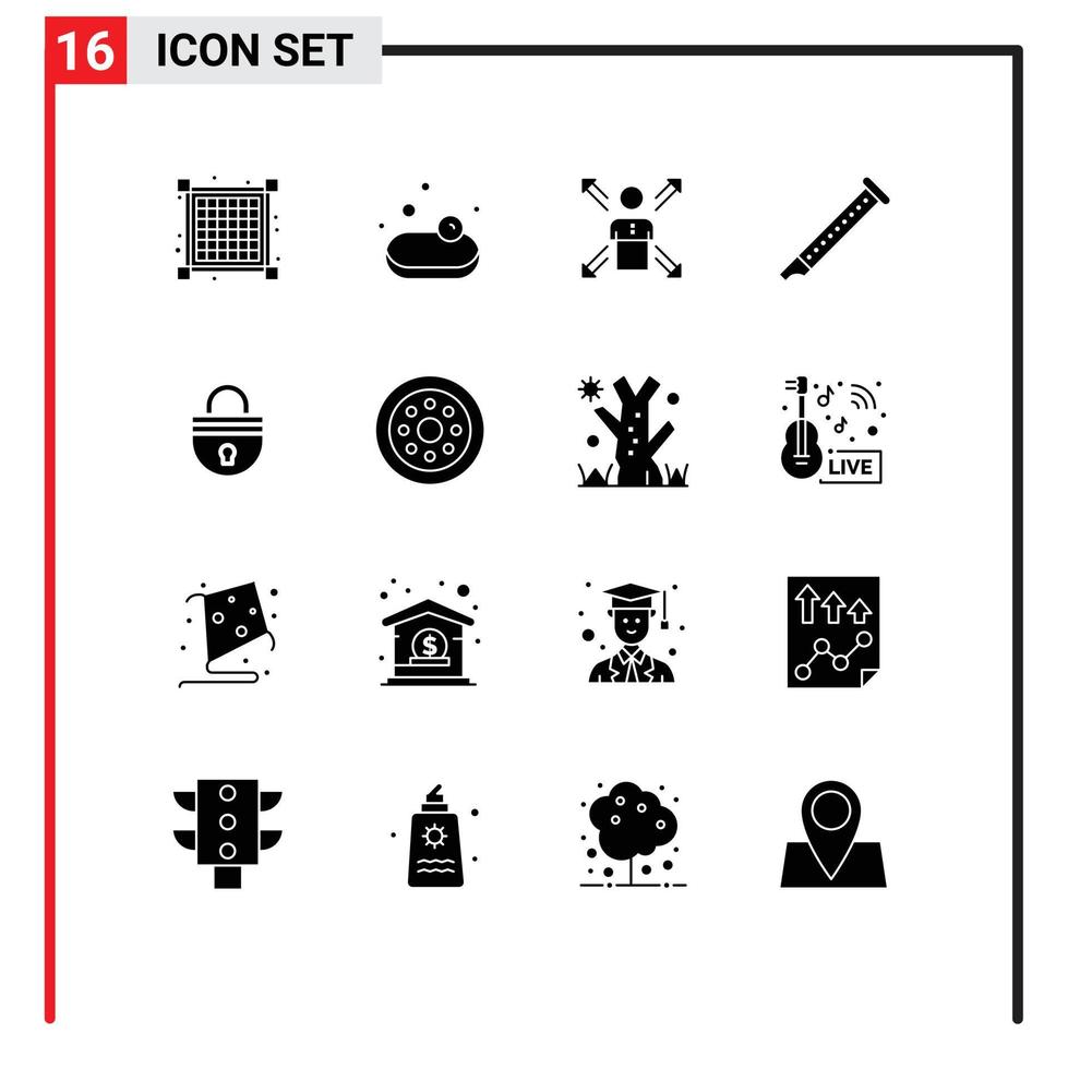 Pack of 16 creative Solid Glyphs of sound instrument direction flute ways Editable Vector Design Elements