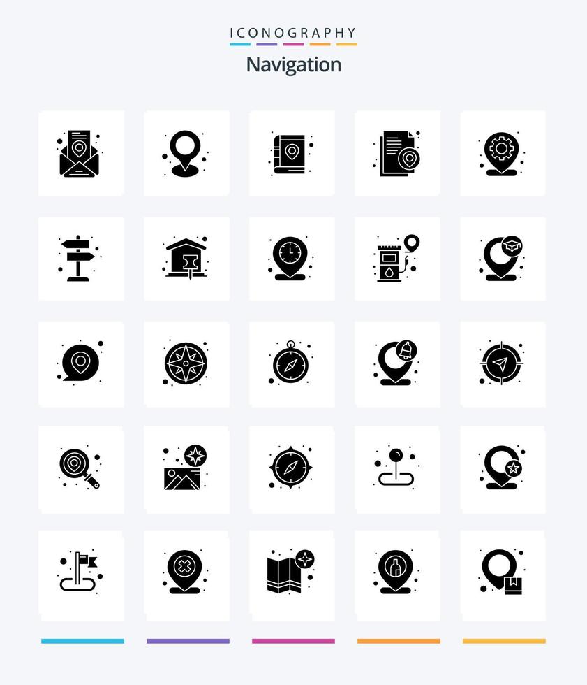 Creative Navigation 25 Glyph Solid Black icon pack  Such As gear. map. library. location. location vector