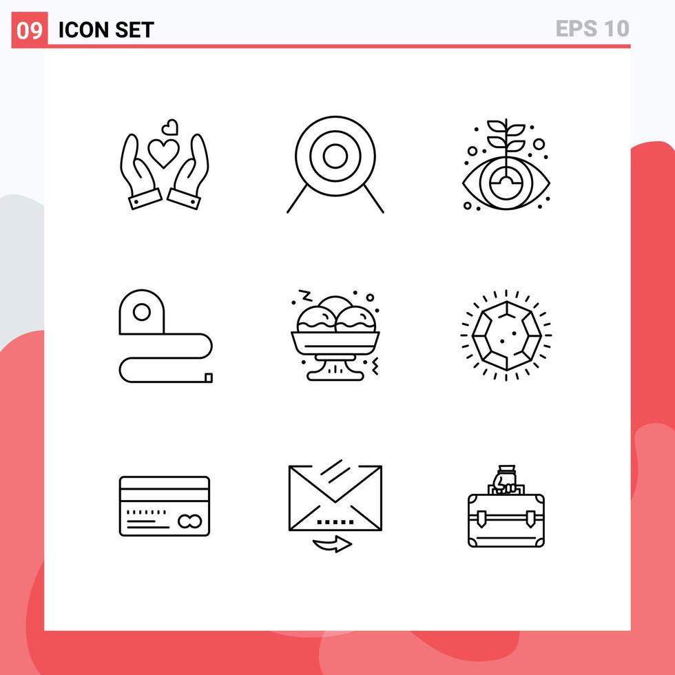 Mobile Interface Outline Set of 9 Pictograms of fast takoyaki finance tape measuring Editable Vector Design Elements