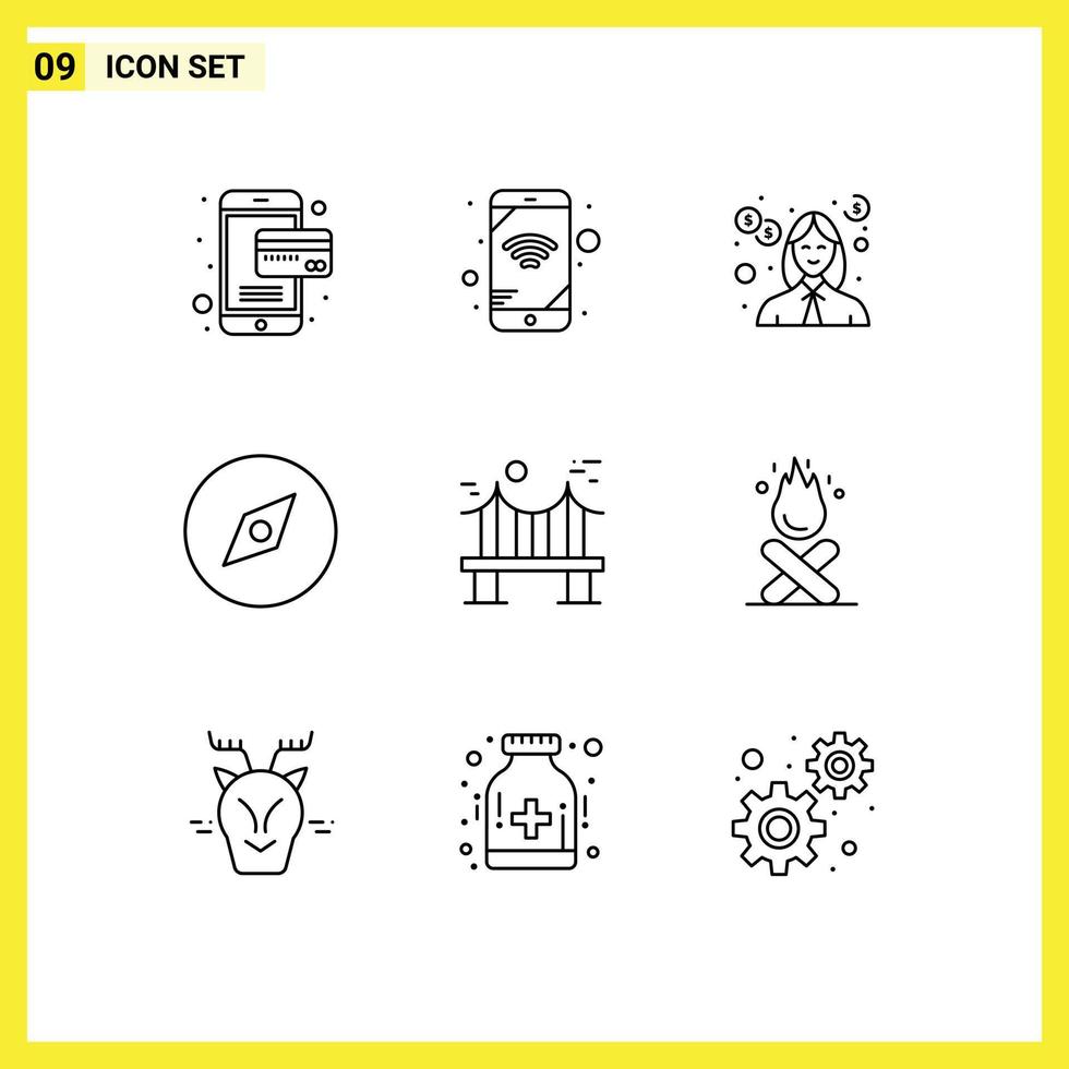 Pack of 9 Modern Outlines Signs and Symbols for Web Print Media such as river bridge investment across map Editable Vector Design Elements