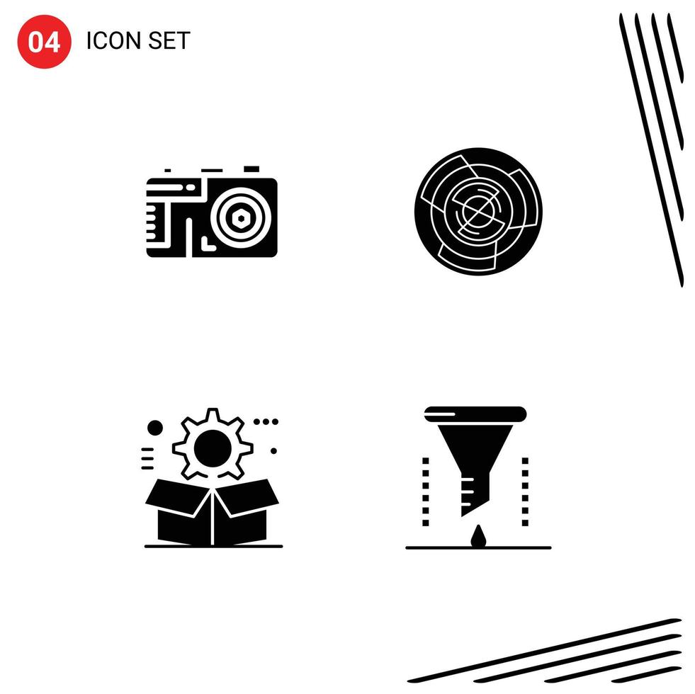 Solid Glyph Pack of 4 Universal Symbols of camera maze complexity concept cog Editable Vector Design Elements