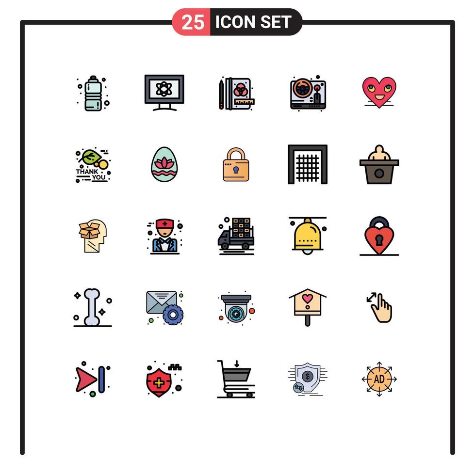 25 Universal Filled line Flat Color Signs Symbols of smiley heart creative play wheel Editable Vector Design Elements