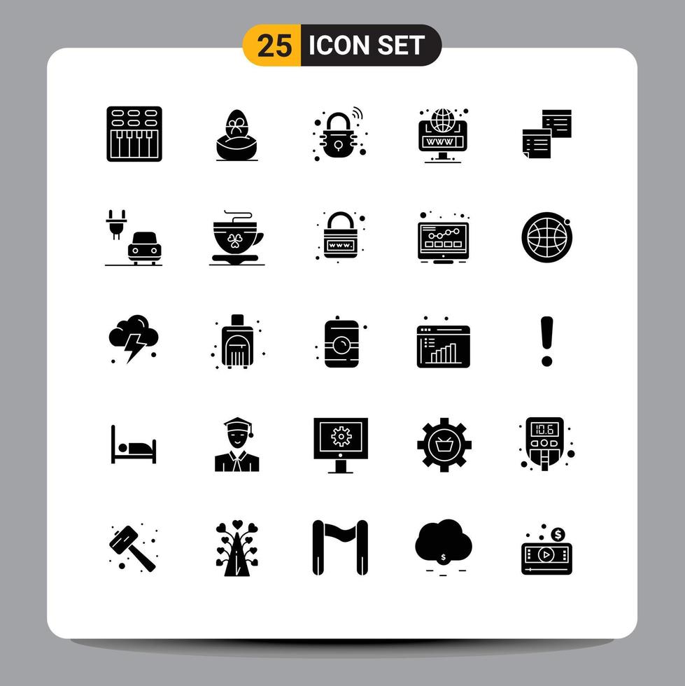 Modern Set of 25 Solid Glyphs Pictograph of sticky site food globe secure Editable Vector Design Elements