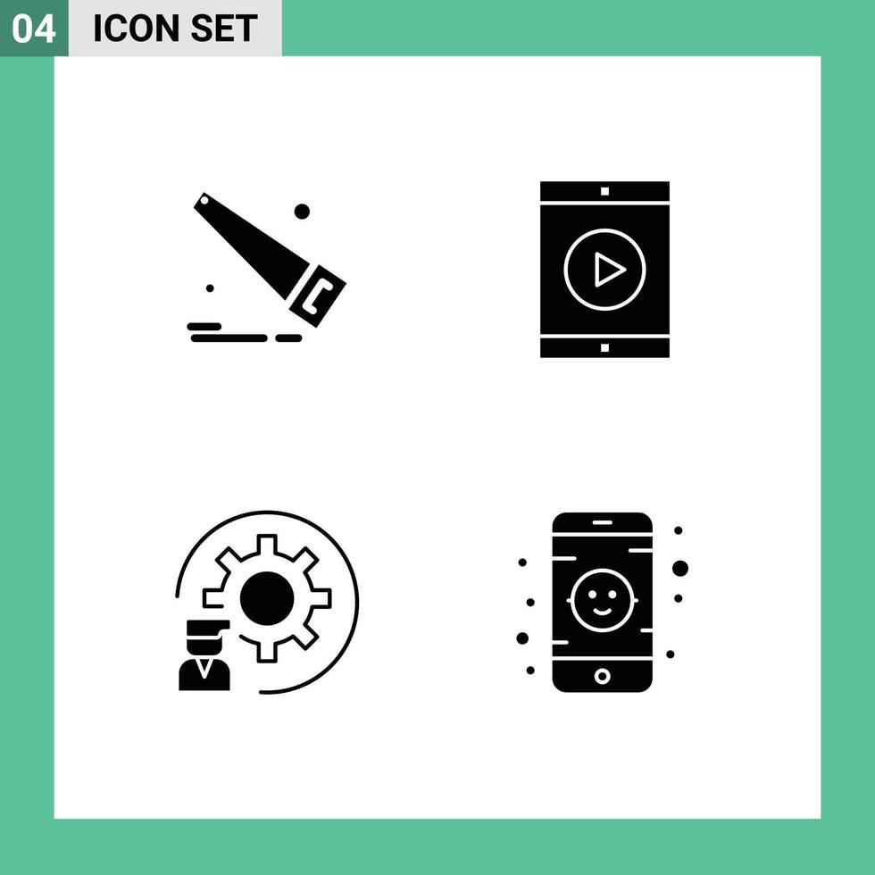 Set of 4 Commercial Solid Glyphs pack for saw develop cinema movie process Editable Vector Design Elements