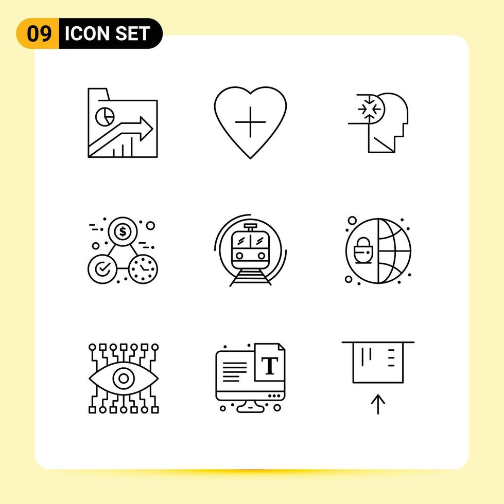 Pack of 9 Modern Outlines Signs and Symbols for Web Print Media such as train perfection mind time clock Editable Vector Design Elements