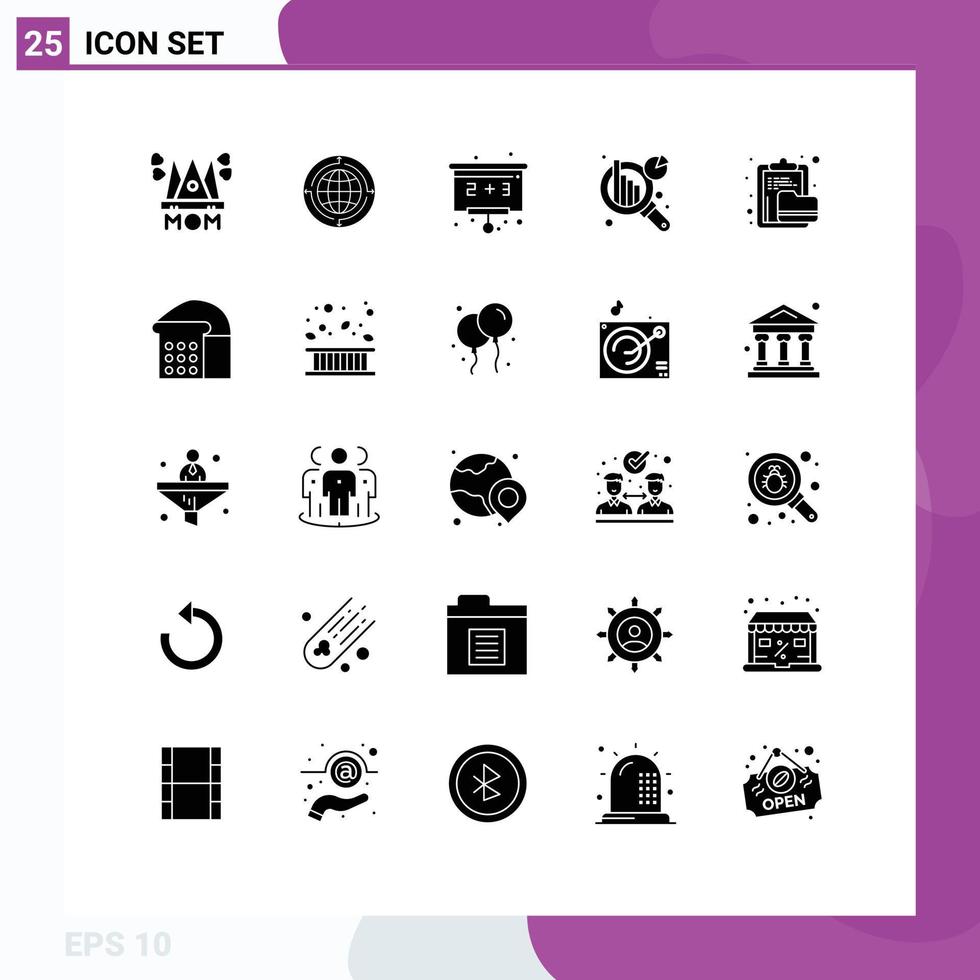 25 Thematic Vector Solid Glyphs and Editable Symbols of archive data analytics connection chart analysis education Editable Vector Design Elements