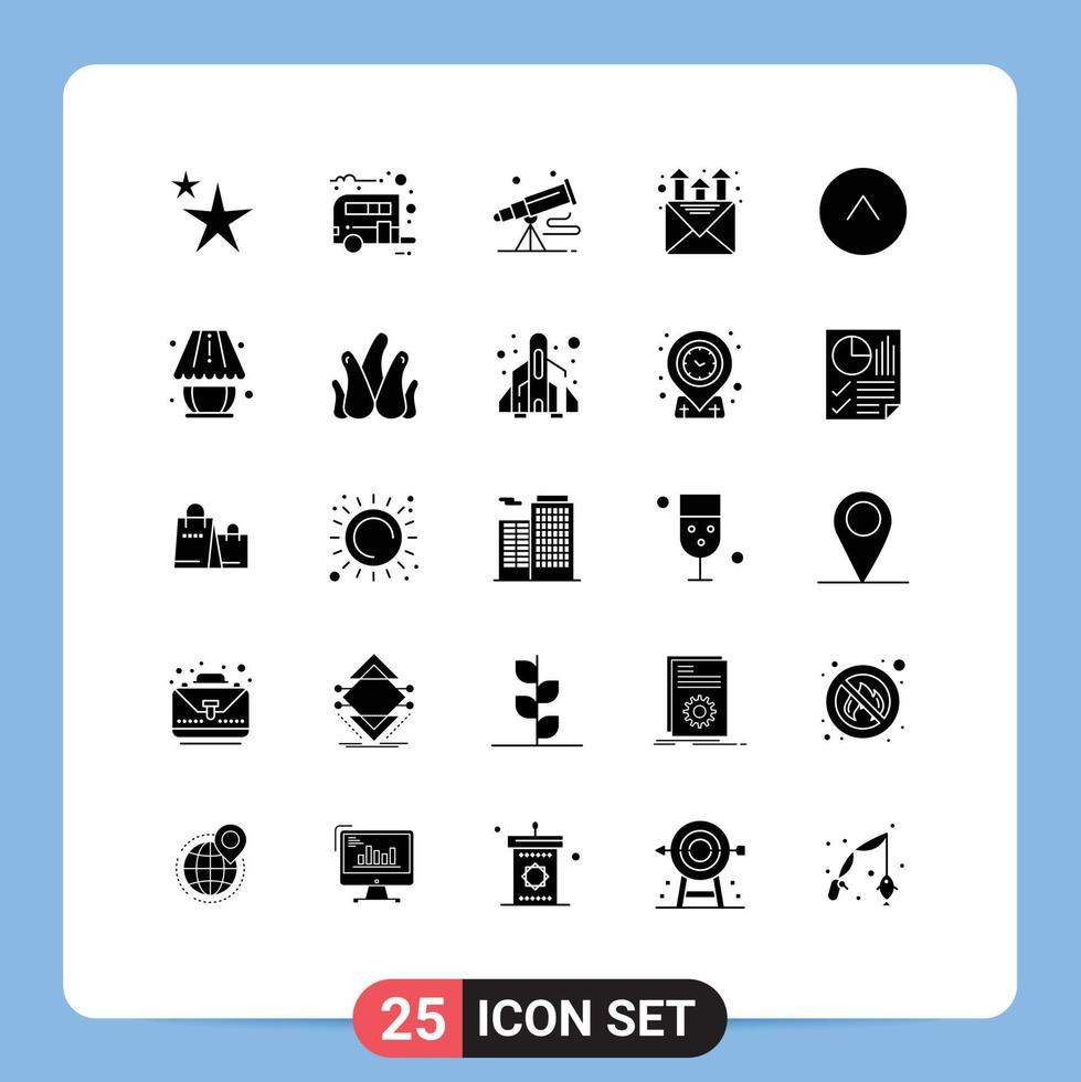 Universal Icon Symbols Group of 25 Modern Solid Glyphs of up arrow spyglass promotion mail Editable Vector Design Elements