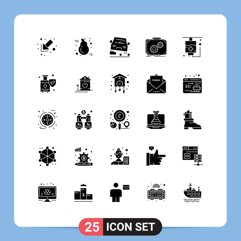 Pack of 25 creative Solid Glyphs of healthcare progress overtaking production briefcase Editable Vector Design Elements