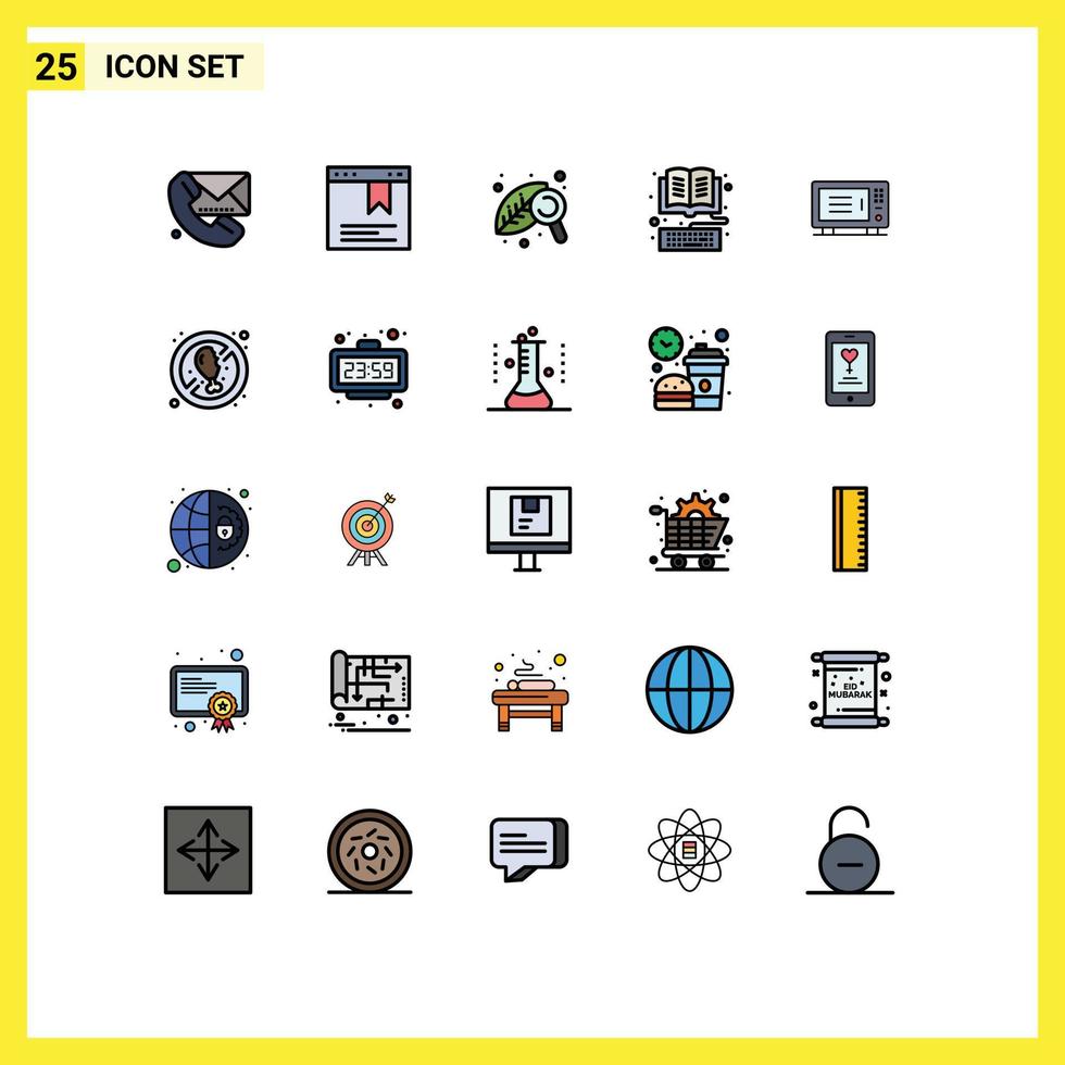 Pack of 25 creative Filled line Flat Colors of electric library agriculture keyboard book Editable Vector Design Elements