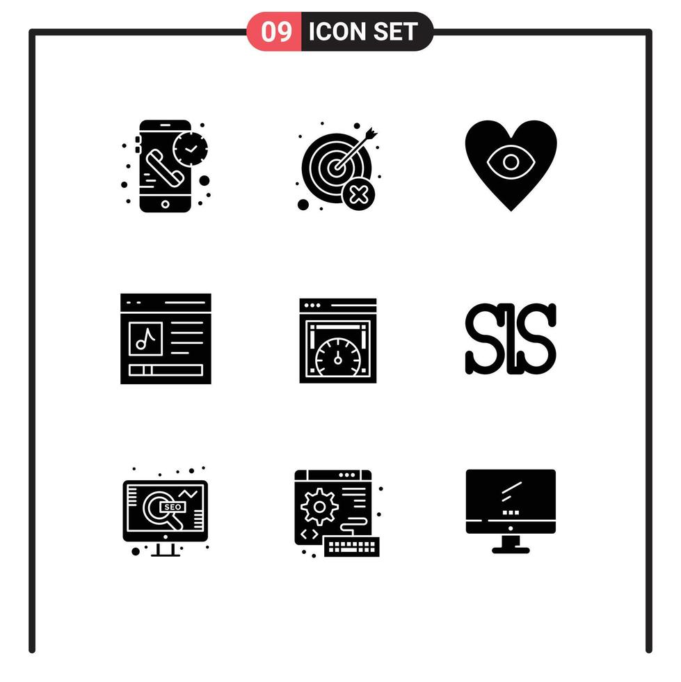 Set of 9 Vector Solid Glyphs on Grid for user interface target content love Editable Vector Design Elements