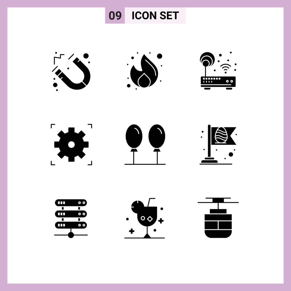 Set of 9 Commercial Solid Glyphs pack for balloon setting signal video wifi Editable Vector Design Elements