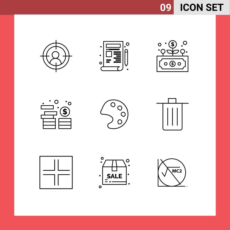 Pack of 9 Modern Outlines Signs and Symbols for Web Print Media such as tools color development coins investment Editable Vector Design Elements