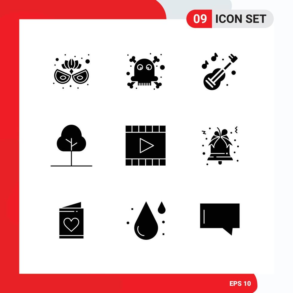 Pack of 9 Modern Solid Glyphs Signs and Symbols for Web Print Media such as video player multimedia kora media player nature Editable Vector Design Elements