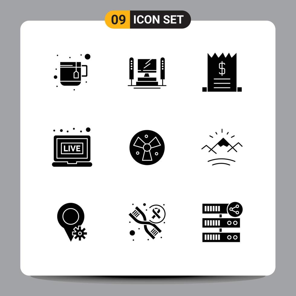 9 Universal Solid Glyph Signs Symbols of fan warining commerce radiation live Editable Vector Design Elements