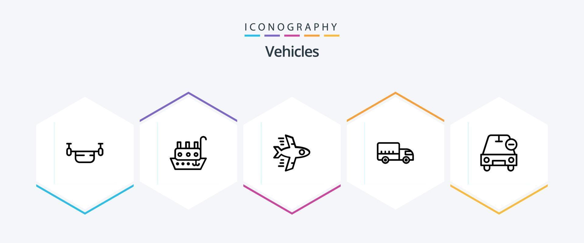 vehículos 25 línea icono paquete incluso borrar. camión. buque. transporte. entrega vector