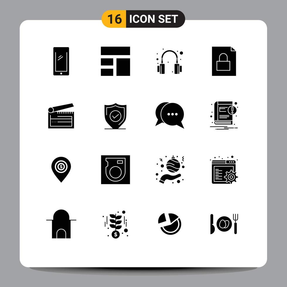 Set of 16 Modern UI Icons Symbols Signs for clapboard action layout lock document Editable Vector Design Elements