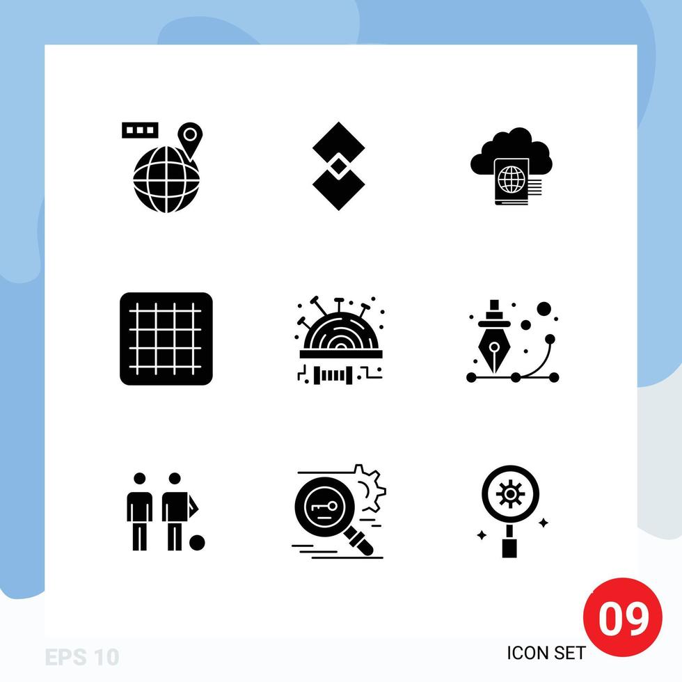 Set of 9 Vector Solid Glyphs on Grid for stitch pincushion cloud modest gird Editable Vector Design Elements