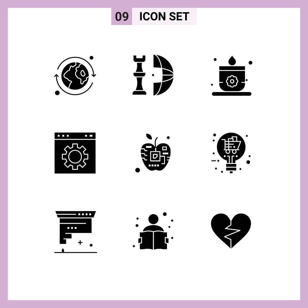 9 Thematic Vector Solid Glyphs and Editable Symbols of artificial setting candle page gear Editable Vector Design Elements