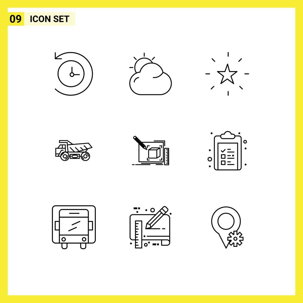 Pack of 9 Modern Outlines Signs and Symbols for Web Print Media such as sketch drawing favorite construction trailer Editable Vector Design Elements