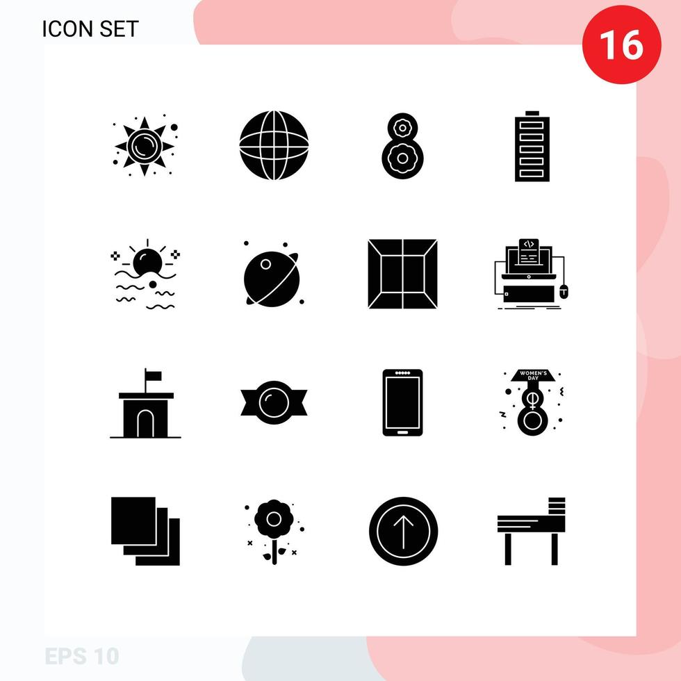 Modern Set of 16 Solid Glyphs Pictograph of summer sea th full electricity Editable Vector Design Elements