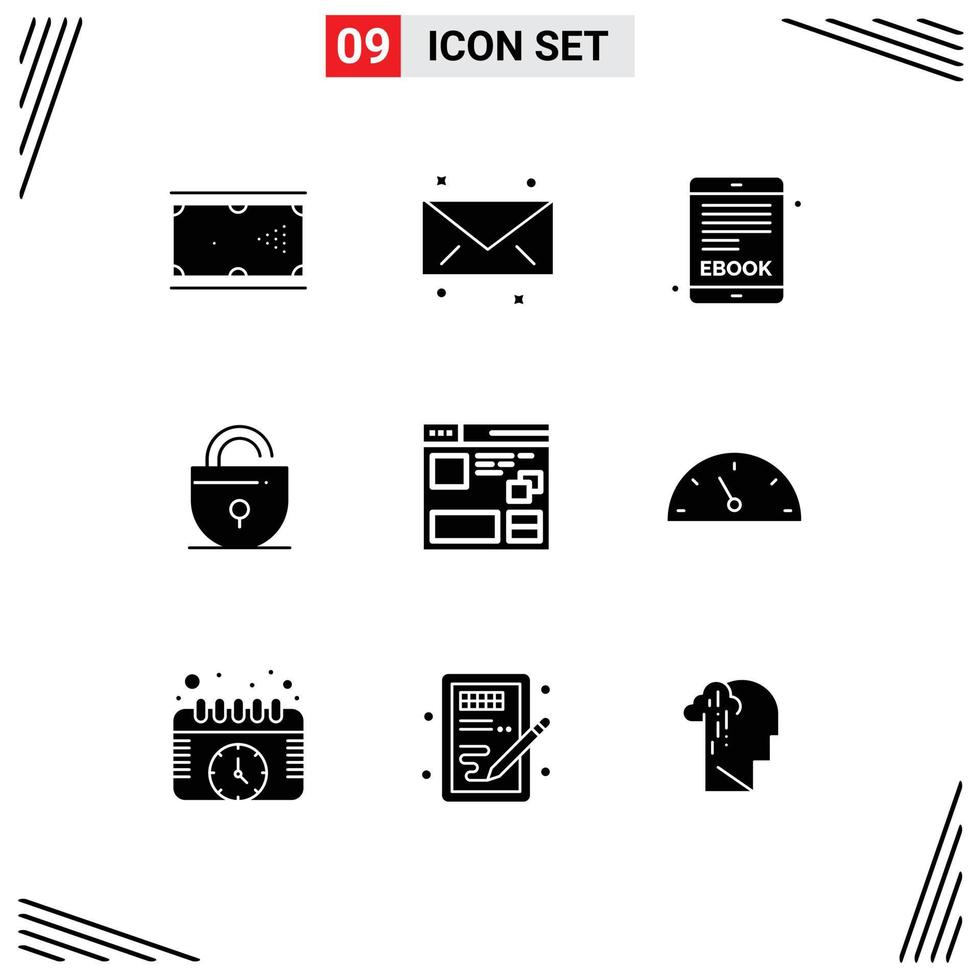 Set of 9 Vector Solid Glyphs on Grid for page browser ebook internet locked Editable Vector Design Elements