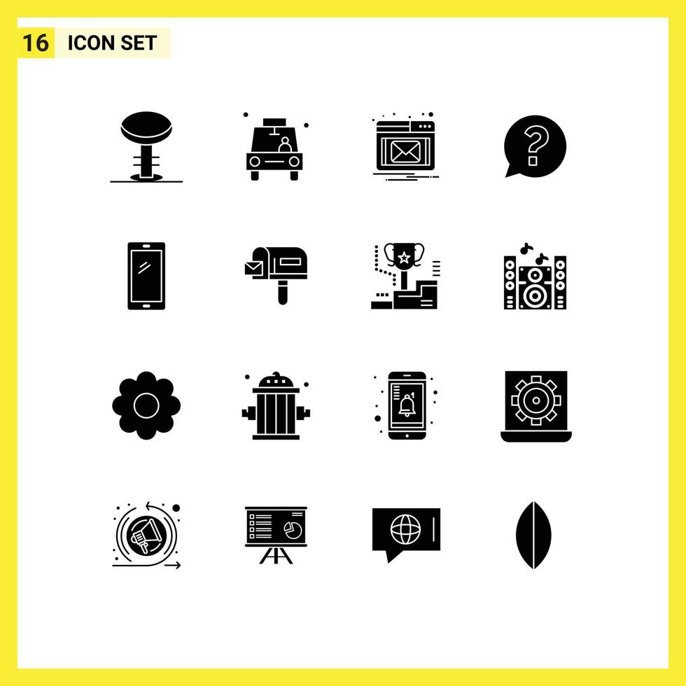 16 Thematic Vector Solid Glyphs and Editable Symbols of smart phone social taxi question chat Editable Vector Design Elements